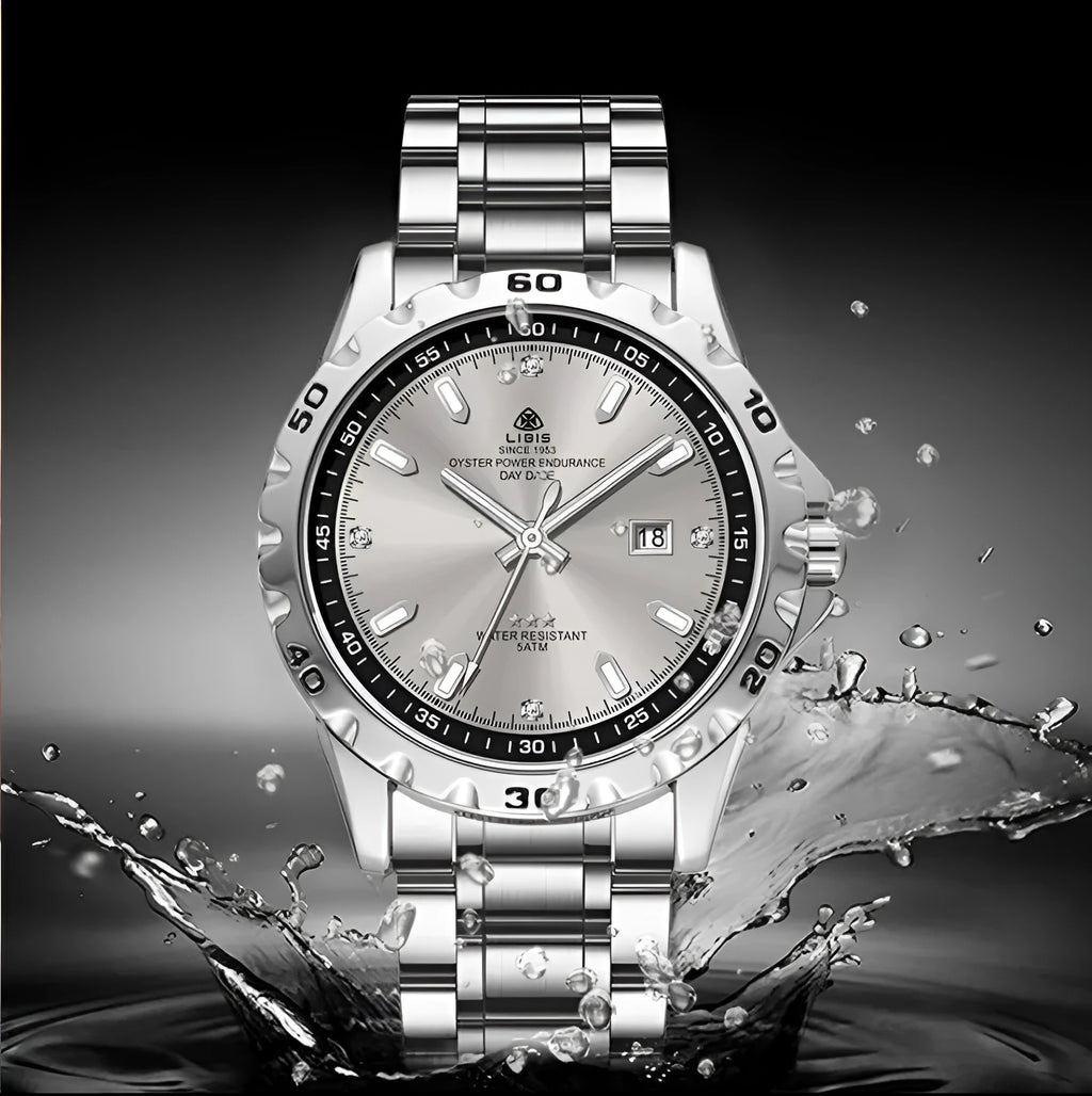 Men's silver case business watch with stainless steel strap and luminous markers on black or grey dial
