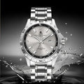 Men's silver case business watch with stainless steel strap and luminous markers on black or grey dial