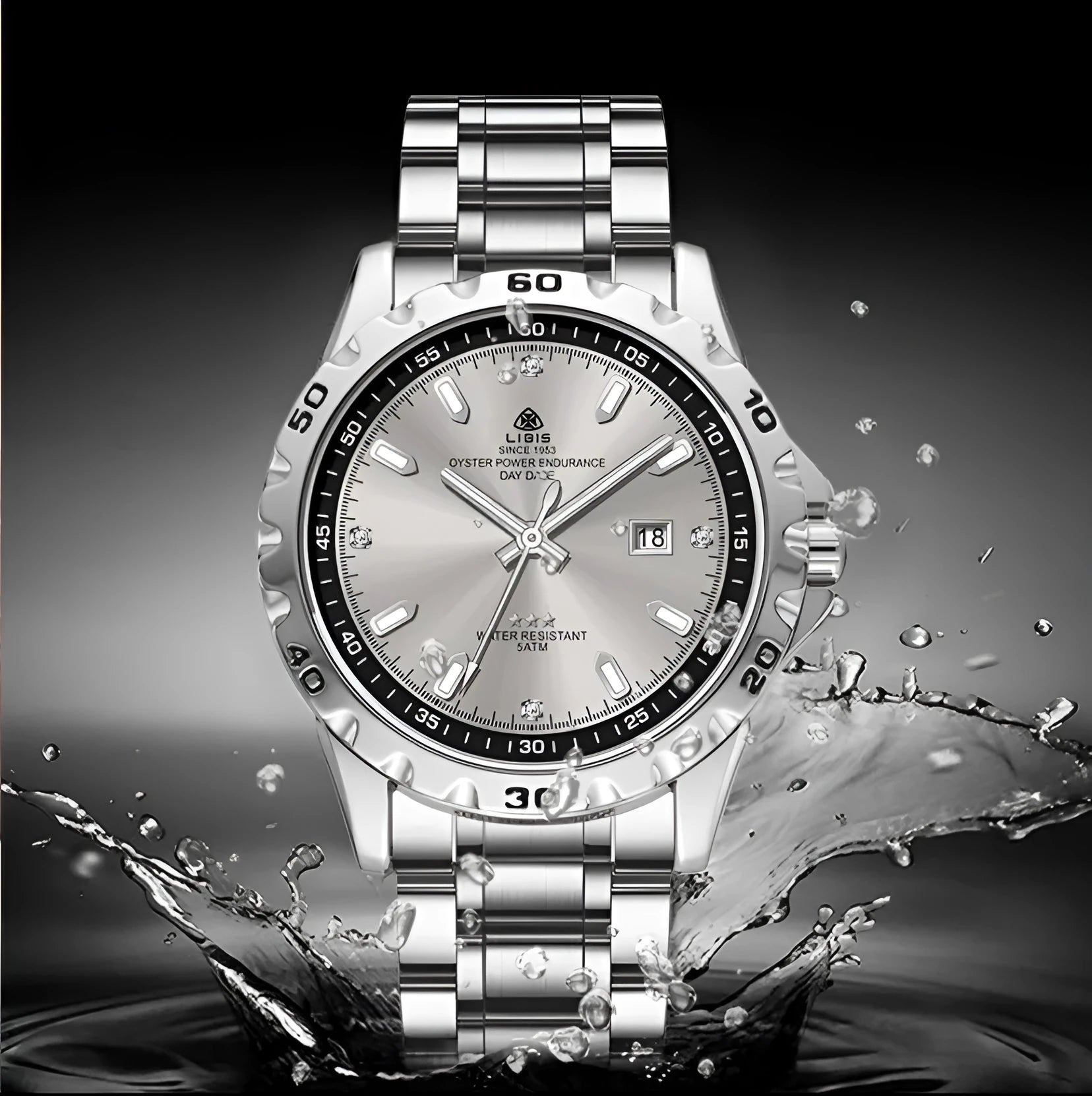 Men's silver case business watch with stainless steel strap and luminous markers on black or grey dial