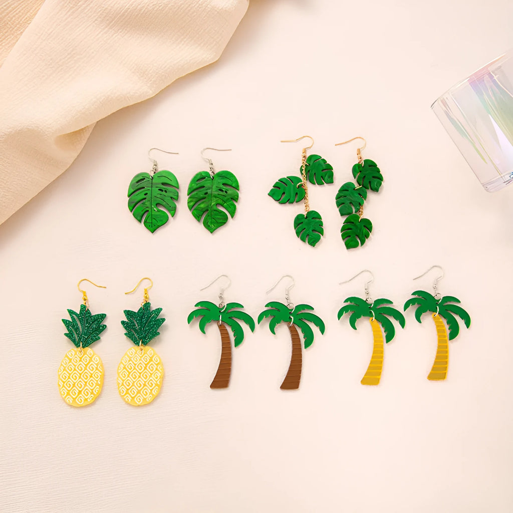 Summer earrings with coconut and jackfruit acrylic charms on alloy hooks in five colour variations