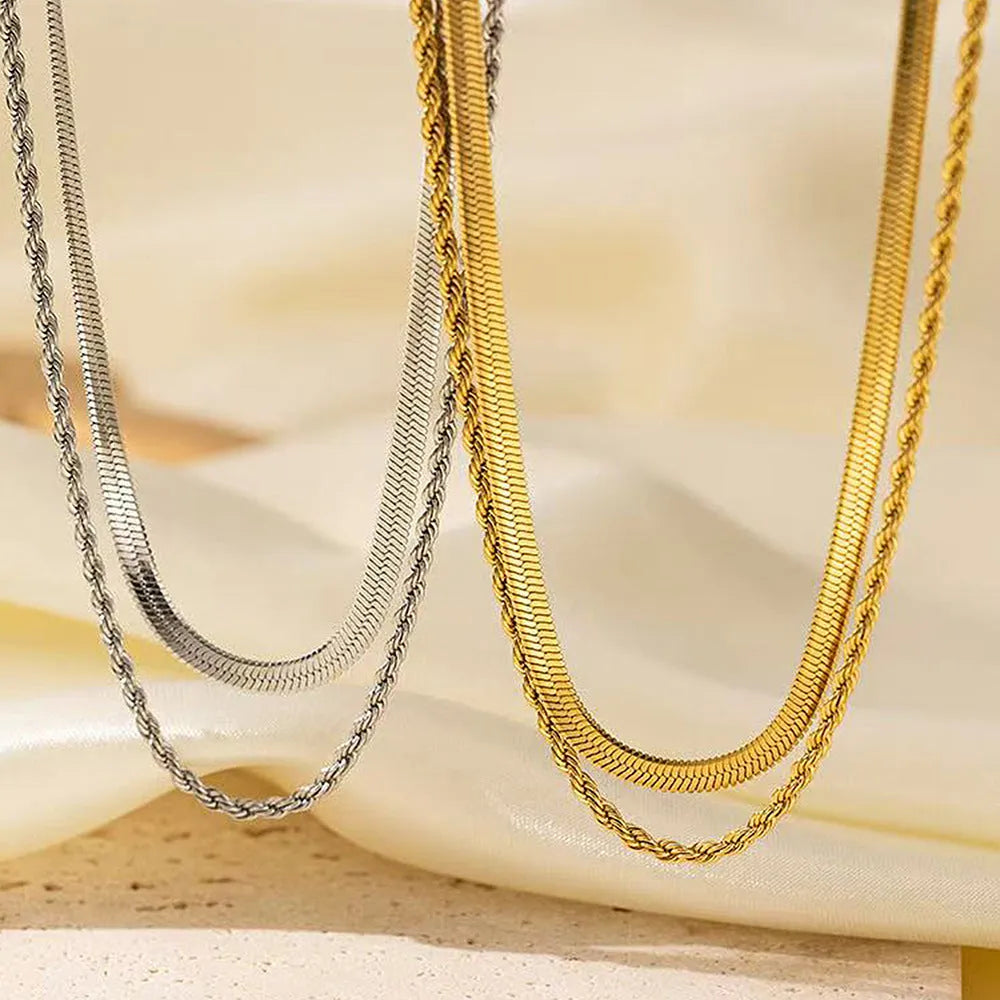 Women's titanium steel geometric necklace with double-layer pendant on adjustable snake bones chain