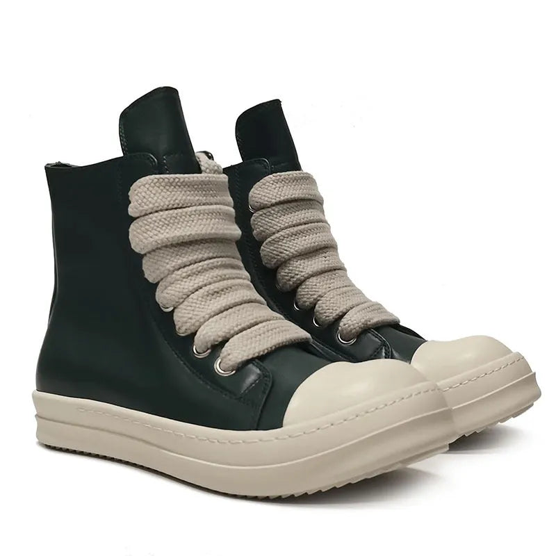 Black high-top leather boots with side zip and platform sole for men and women