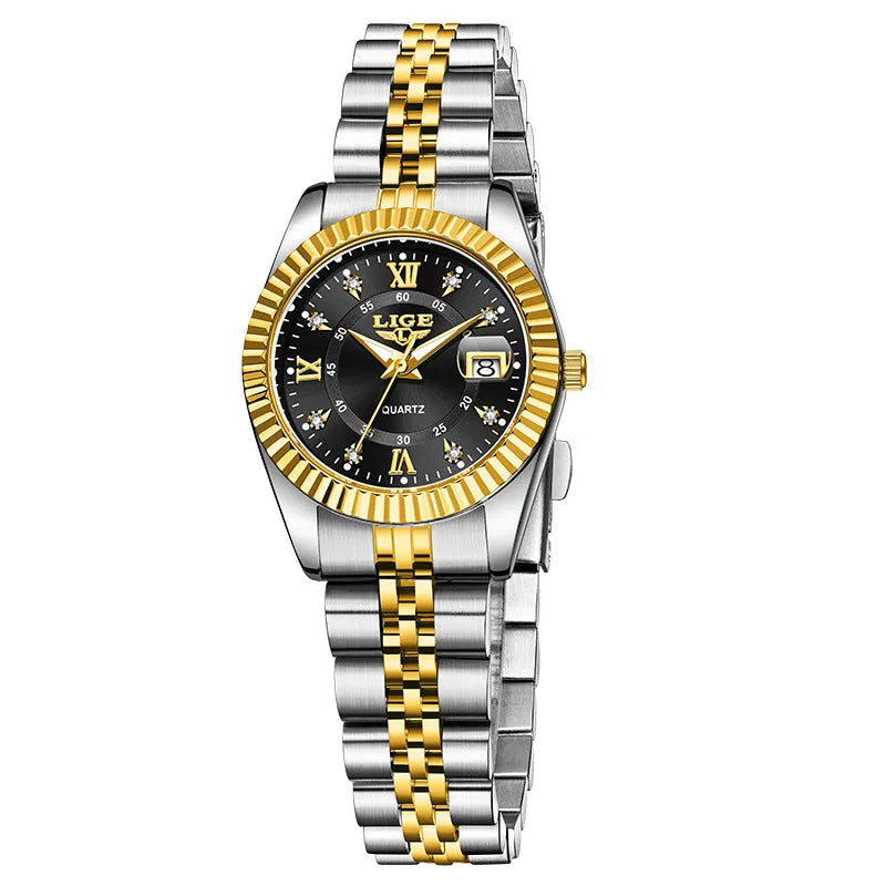 Ladies waterproof quartz fashion watch with 10mm thickness in gold and silver colour options