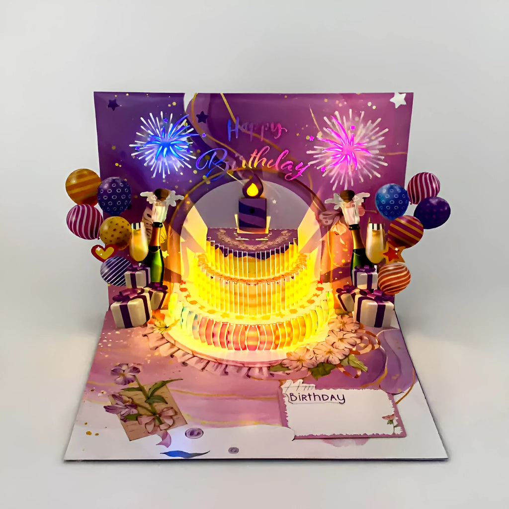 Handmade 3D paper cake greeting card in Chinese ink style, showing light music blowing theme.