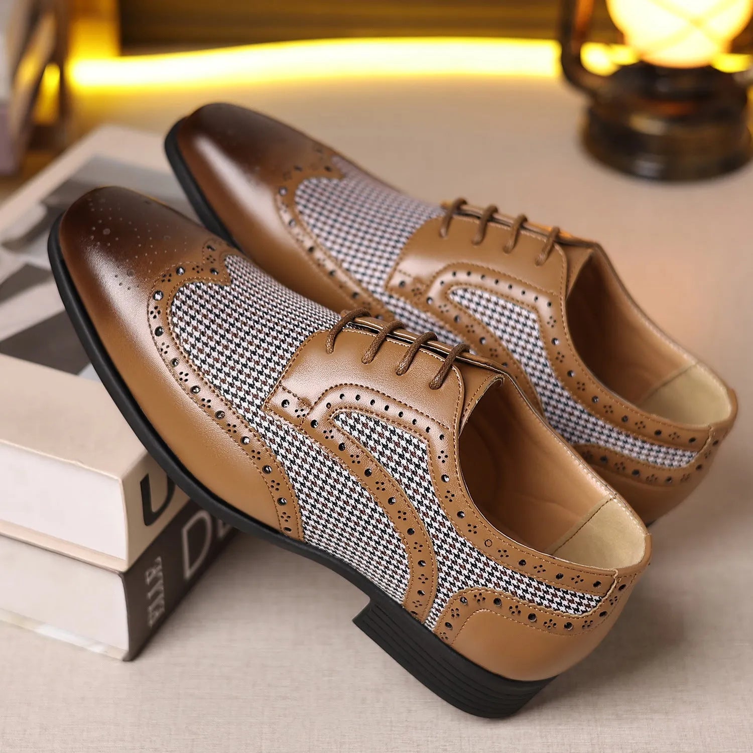 Men's black houndstooth plaid casual shoes with canvas upper, square toe, and rubber sole