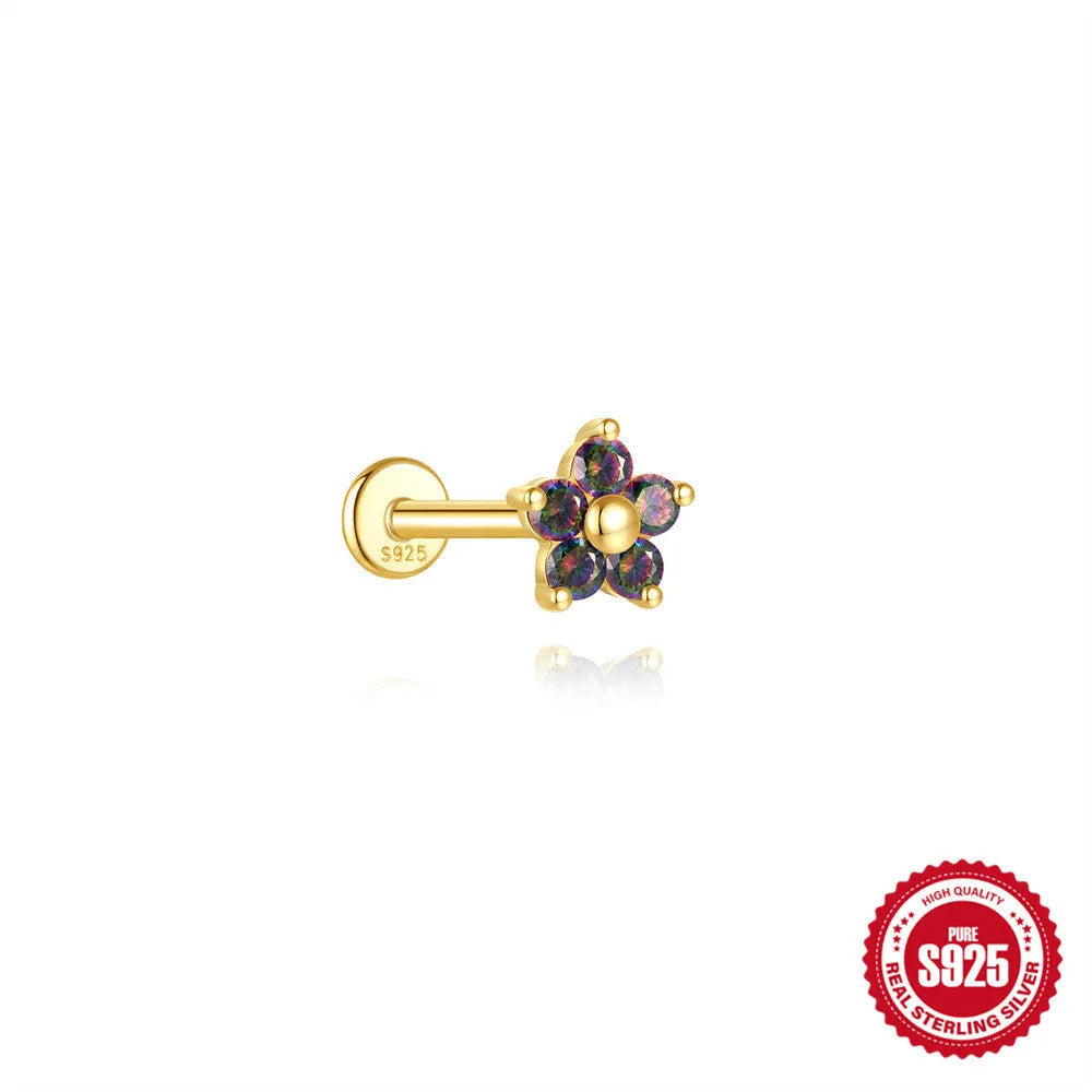 S925 sterling silver piercing earrings with rainbow stone flat head thread in gold colours