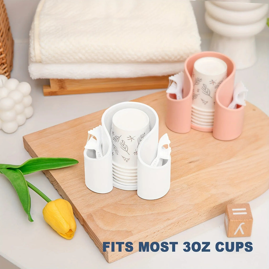 Modern solid colour plastic cotton storage box with an integrated dental floss dispenser.