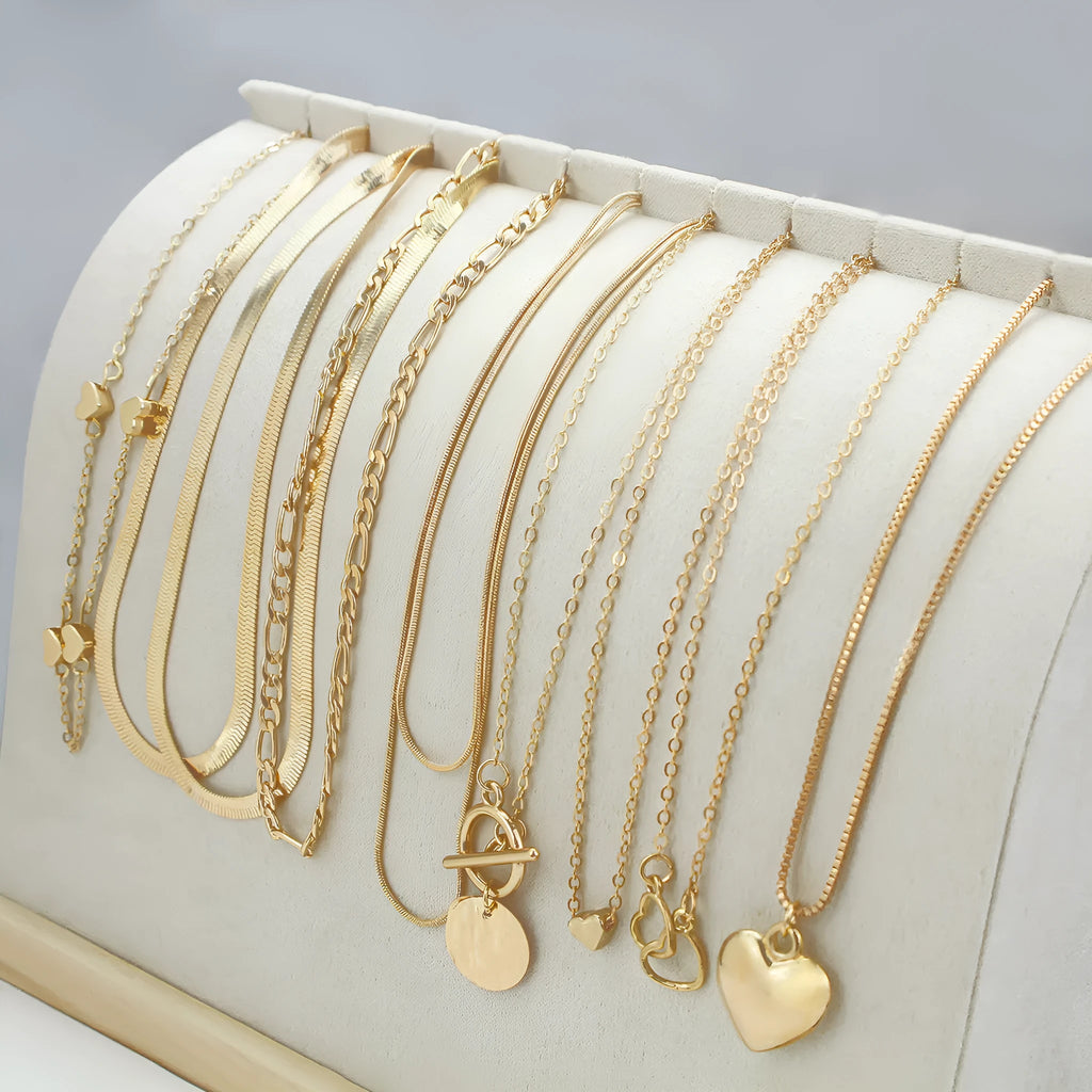 10 piece gold necklace set with snake bone chain and alloy pendants