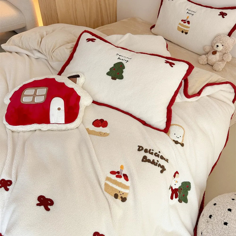 Winter Christmas bed sheet four-piece set with girl's heart cartoon design in polyester fabric