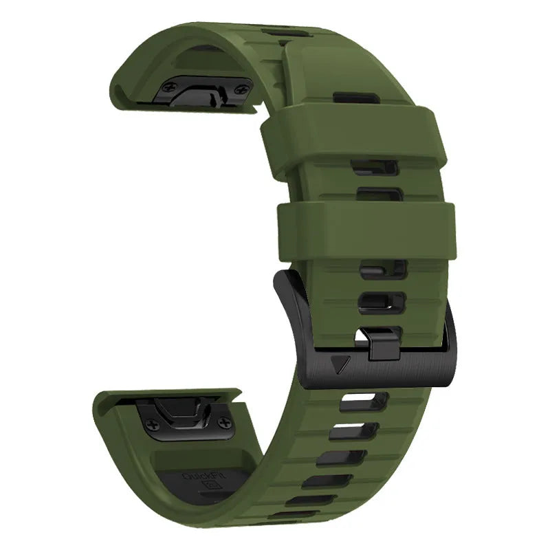 Fenix87pro6 two-colour quick release silicone watch strap for Garmin Fenix models in Army Green Black.