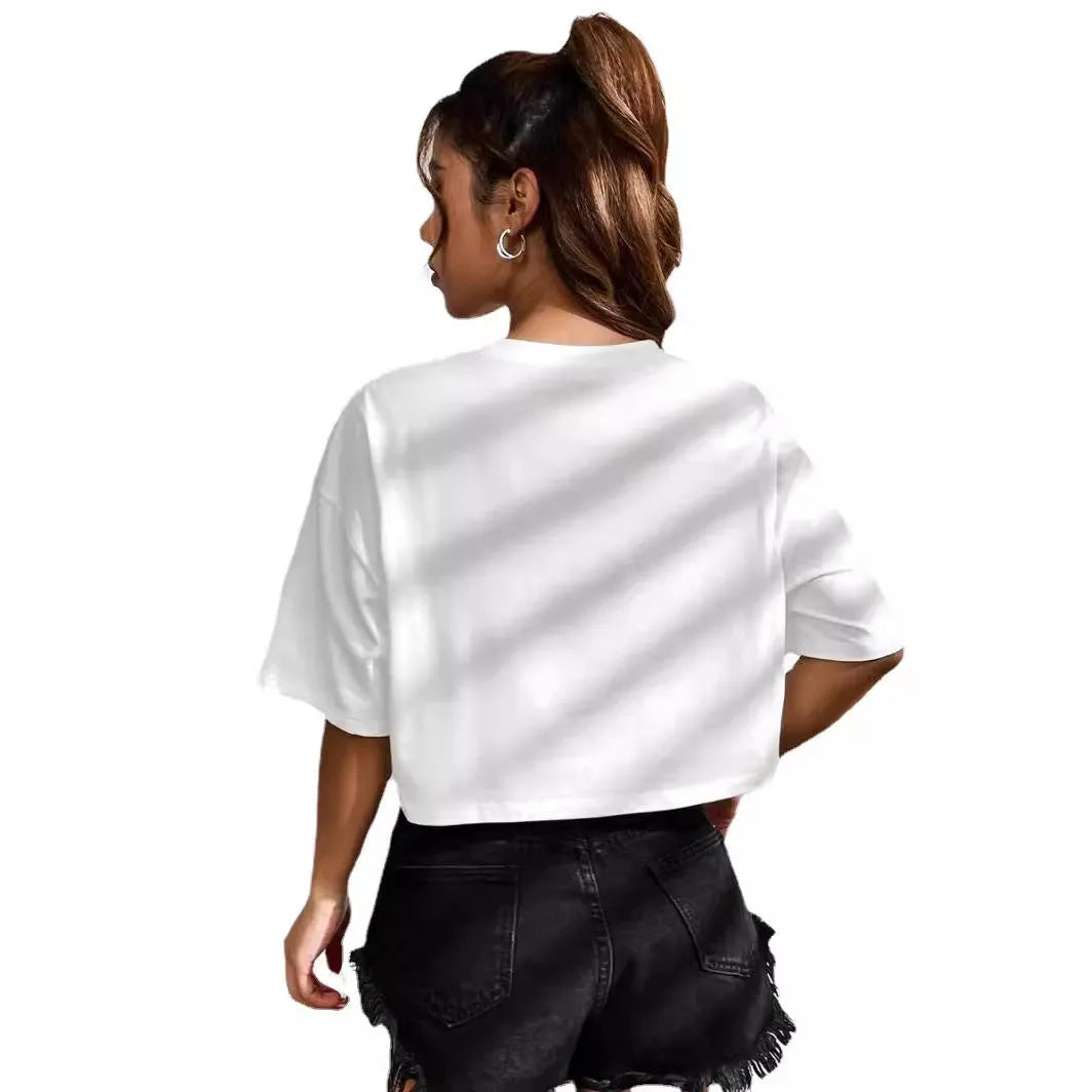 Black loose fit cotton t-shirt with printed white English letters and a navel exposed style.
