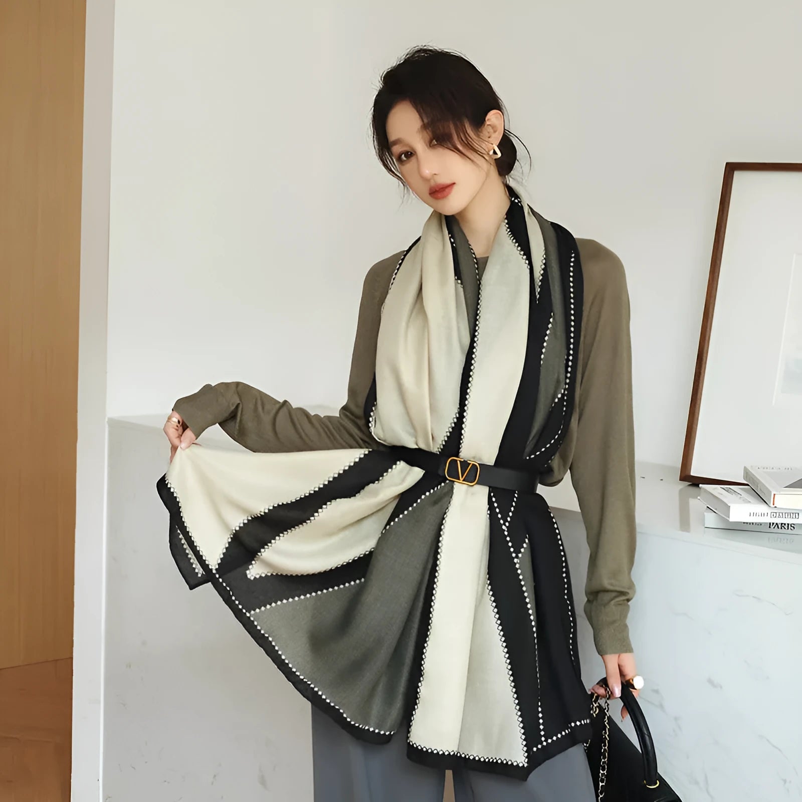 Vintage printed mid-length polyester scarf measuring 180 by 90 centimetres