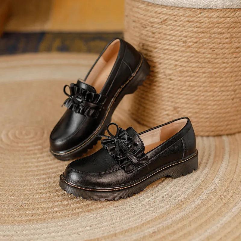 British style round head chunky low heel women's leather shoes in black and brown colours