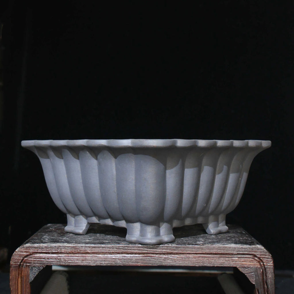 Purple sand ceramic square bonsai pot with classical style and warp device, 37cm inner diameter.