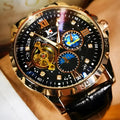 Black automatic mechanical watch with rose gold shell and hollow dial showing movement
