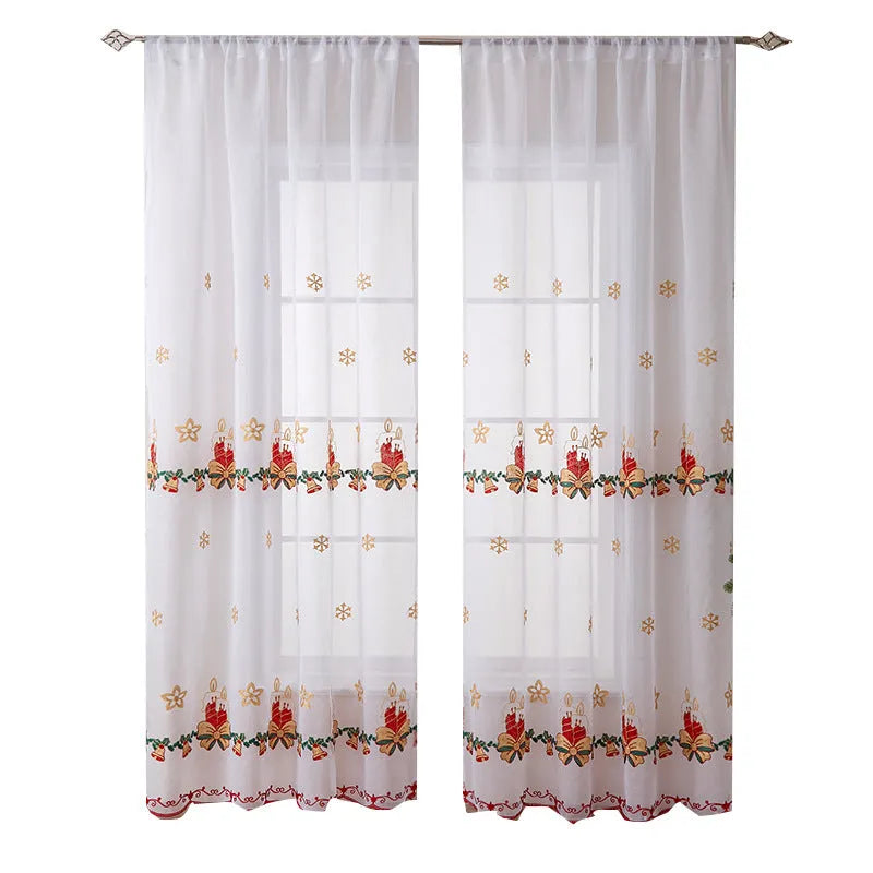 Pair of red and white Christmas curtains with embroidered snowflakes, showing semi-sunshade fabric.