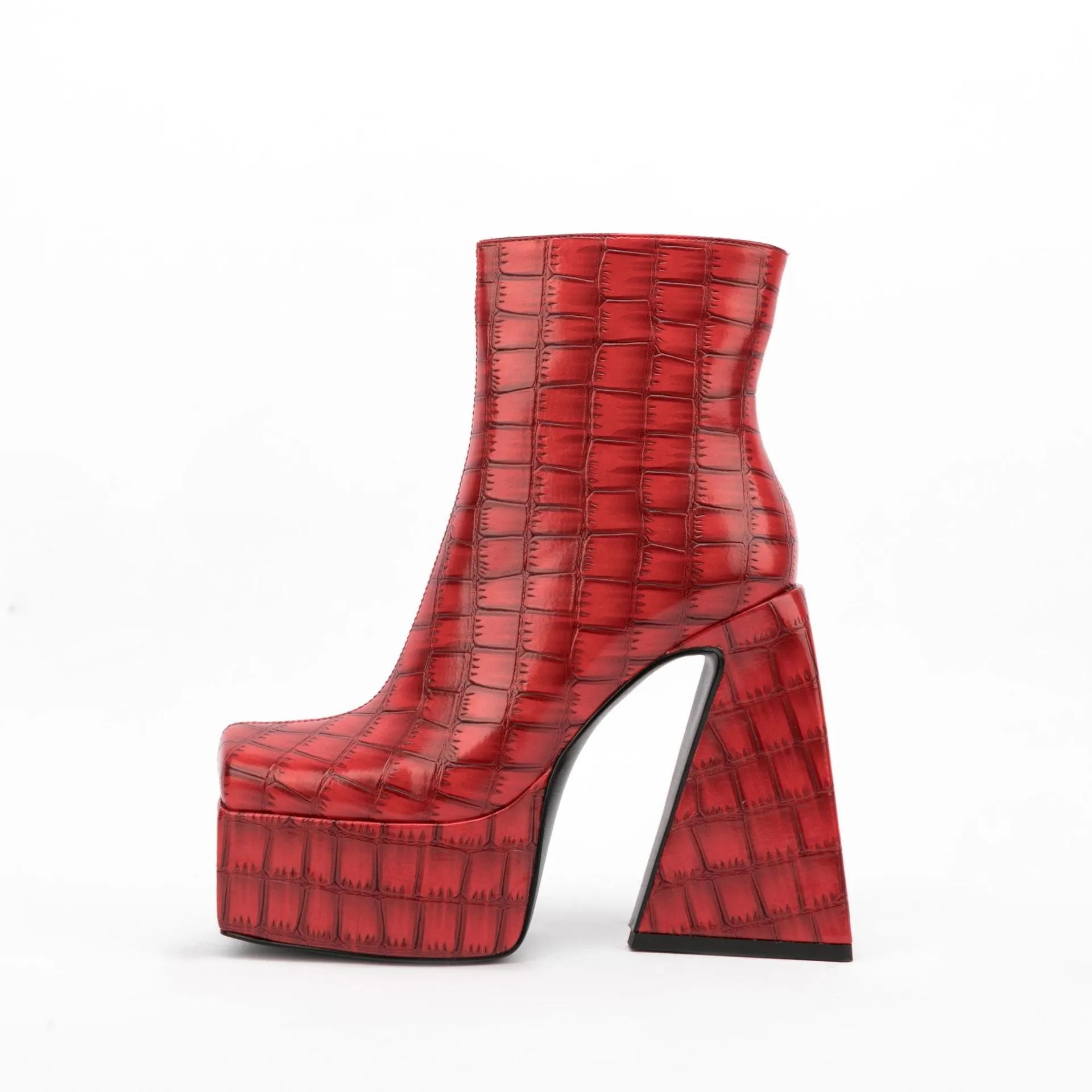 Women's high heel ankle boot in artificial PU, shown in a solid colour with a heel over 8cm high.