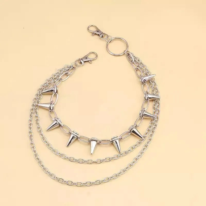 Silver metal pant chain with double layer design and rivet decoration for women's dark punk fashion