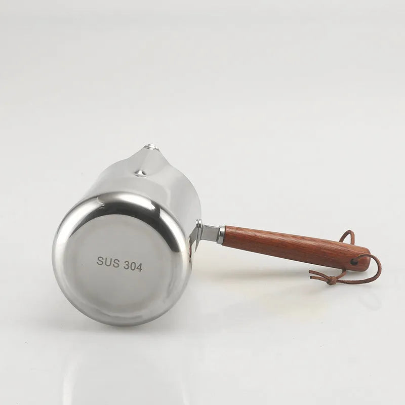 Stainless steel coffee cup with wooden handle and garland design in three capacity options