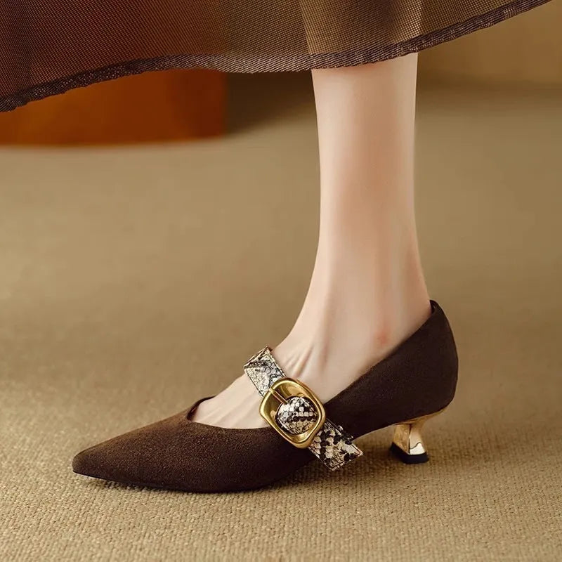 Women's black French pointed high heels with stiletto heel and buckle fastening