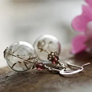 Transparent glass ball earrings with a crystal dandelion seed inside on a French hook, silver and bronze finishes shown.