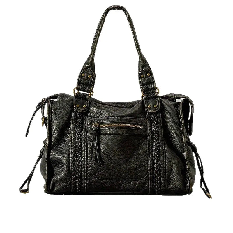 Women's brown retro motorcycle shoulder messenger bag with square shape and woven texture
