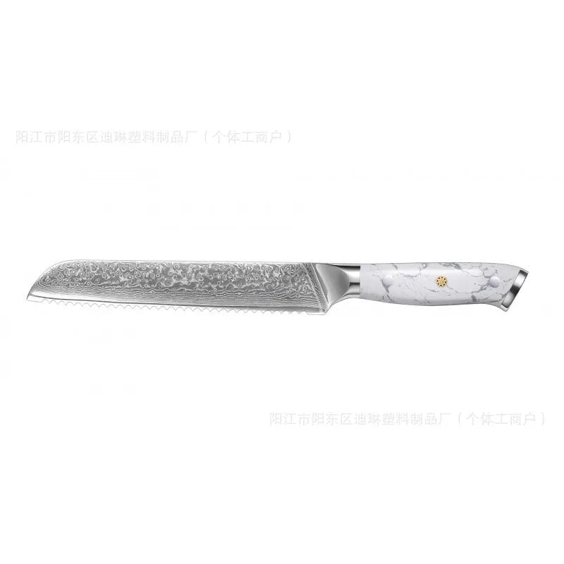Damascus style combined chef's knife with VG10 steel blade, 21cm blade length on a wooden surface.