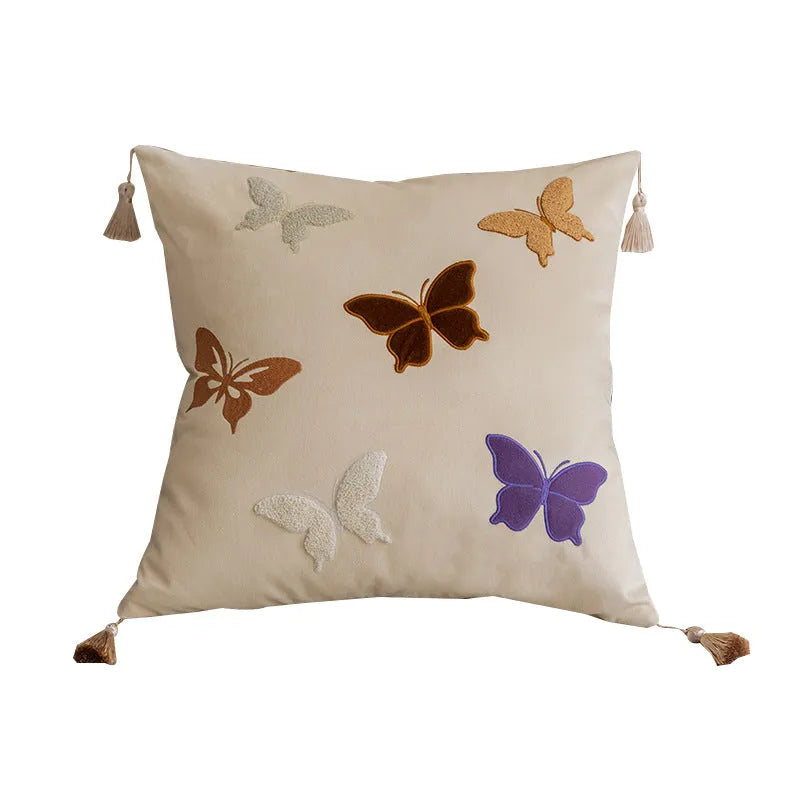 Square butterfly embroidered cushion in beige, black, or purple colour options