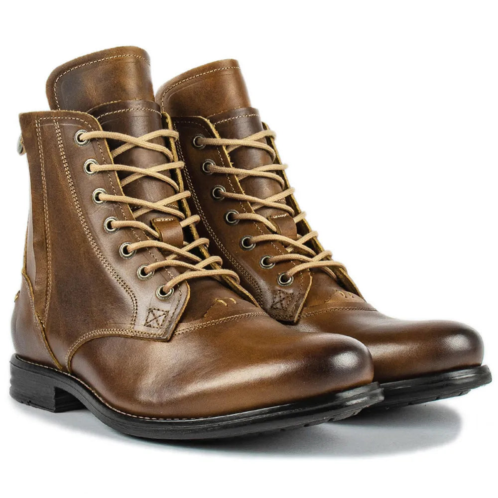 Knight Series men's black leather boot with side zipper and low heel