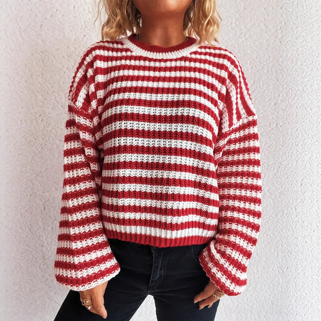 Women's vintage stripe knitted loose-fit pullover sweater in polyester, shown in a selection of colours.