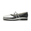 Silver women's Mary Jane ballet flats with cross buckle strap and round toe on flat low heel.