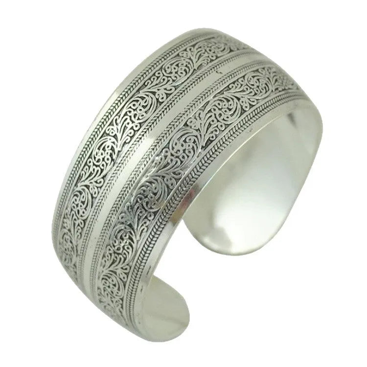 Ethnic carved open Miao silver bracelet in Roman style alloy construction