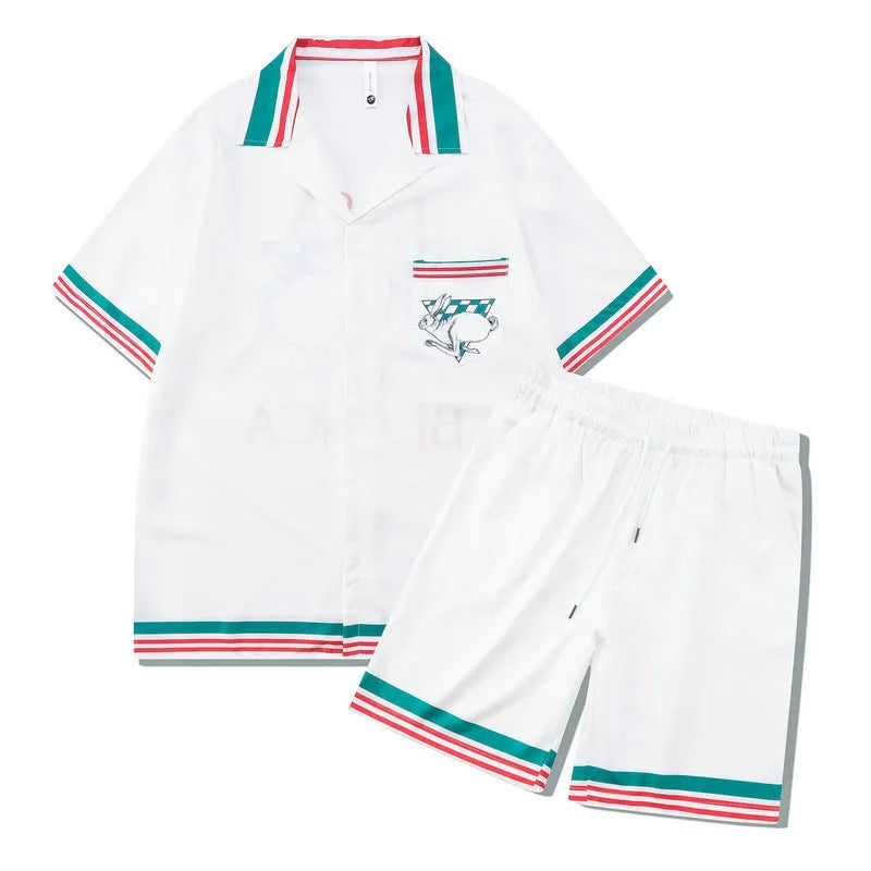 Plaid print beach outfit set showing matching short sleeve shirt and trousers for men