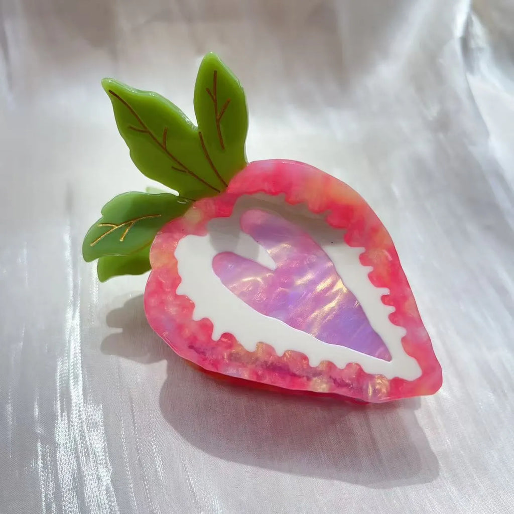 Strawberry hairpin for girls in red or pink colour with handmade pastoral style
