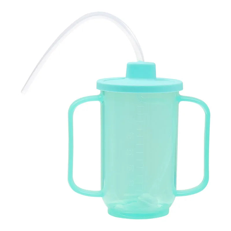 PP plastic anti-choke drinking cup with slanted mouth, handle, and lid for bed care.