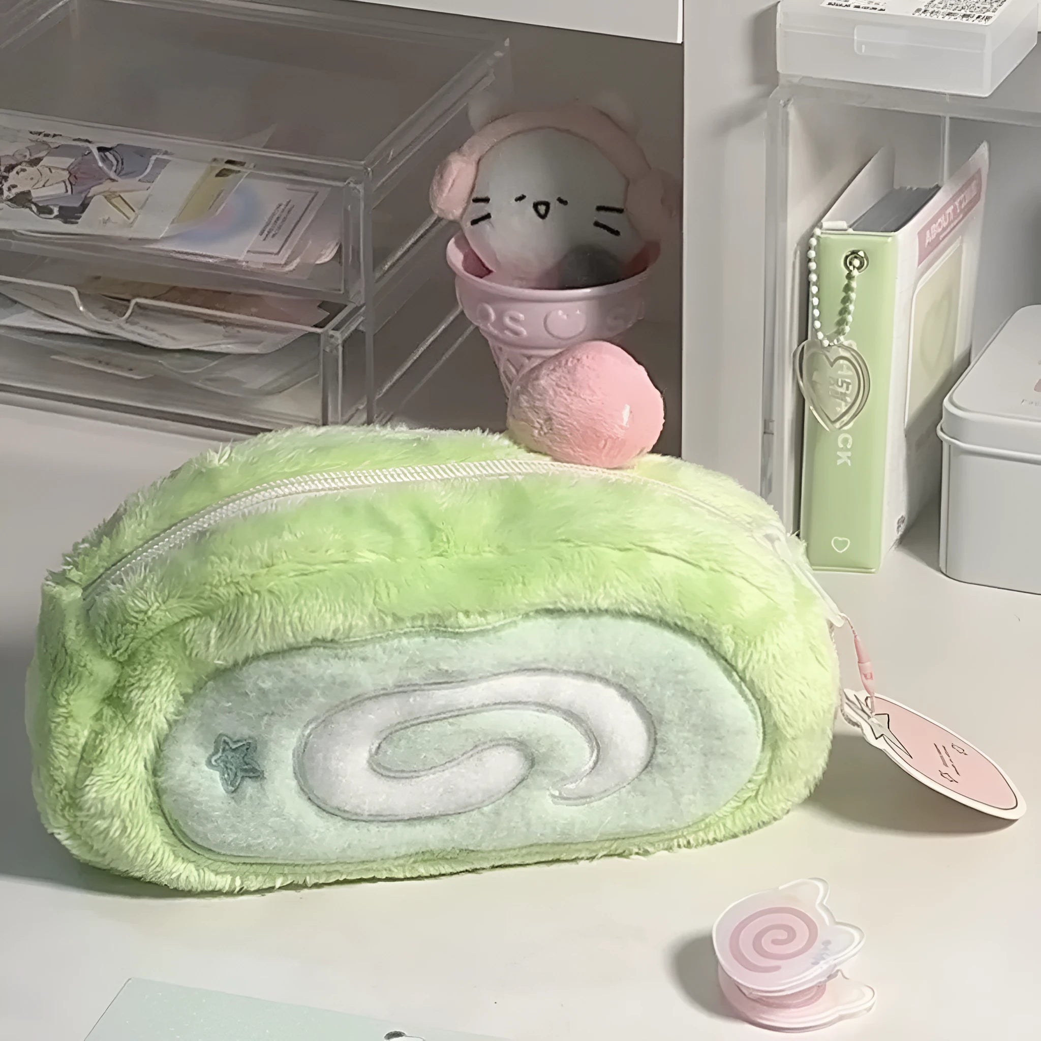 Swiss Roll Cake patterned velvet pencil case in Korean style roll design.
