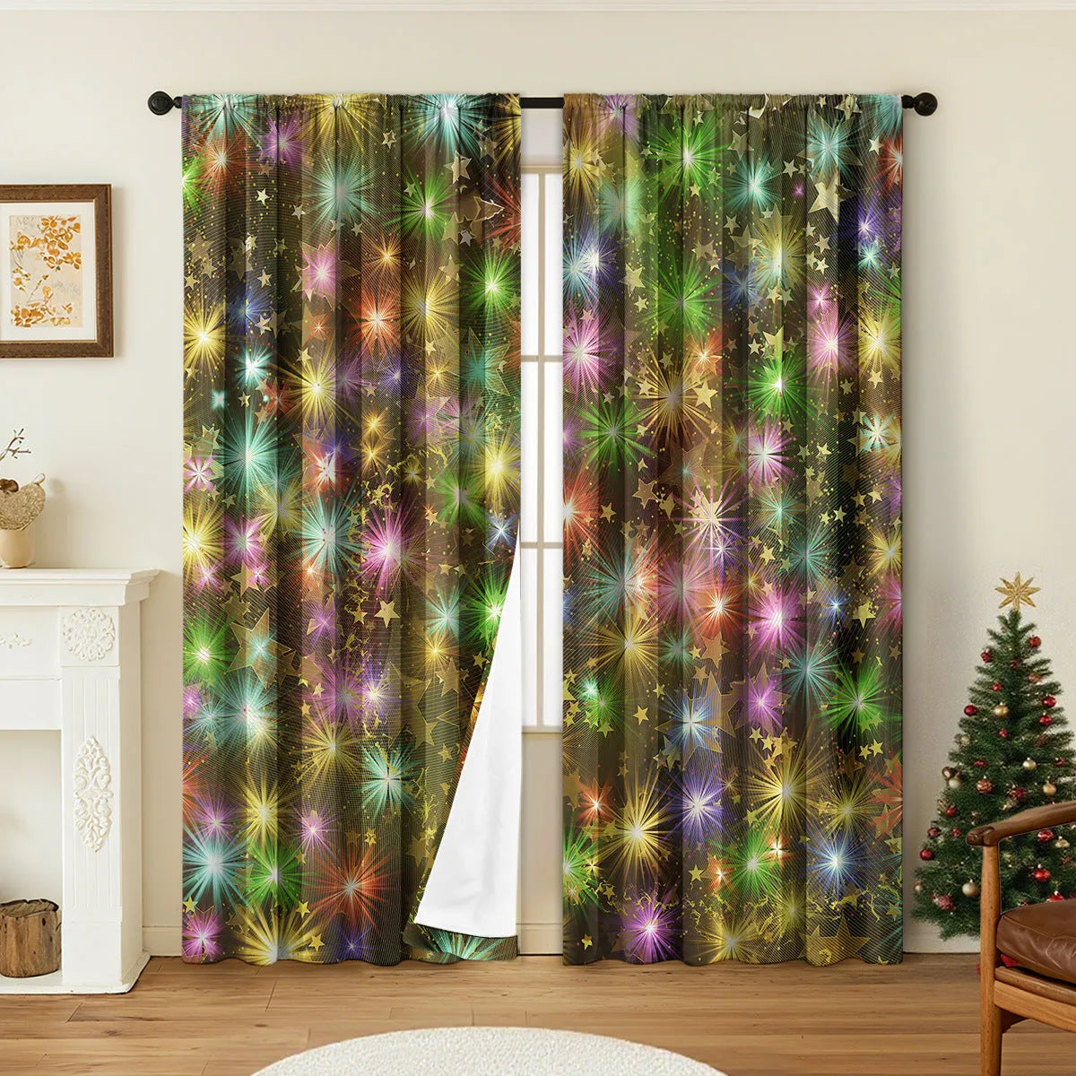 Pair of 3D digitally printed Christmas curtains in European style design on polyester fabric