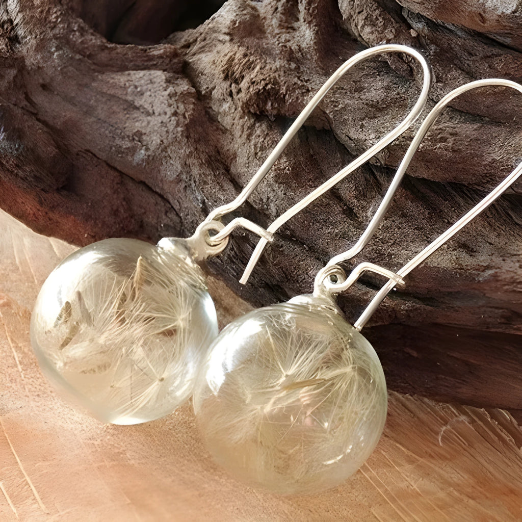 Transparent glass ball earrings with a crystal dandelion seed inside on a French hook, silver and bronze finishes shown.
