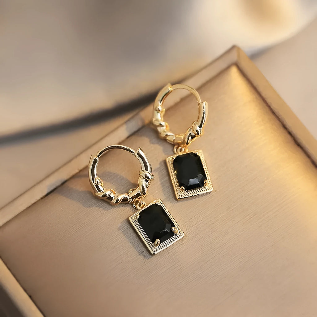 Geometric quadrilateral black zircon French Court drop earrings in E2506 black copper construction