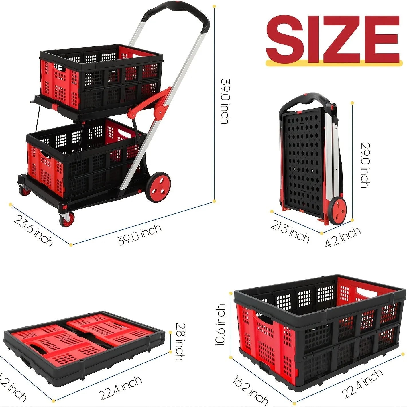 Blue foldable shopping cart with two plastic baskets and wheels, shown in an open, ready-to-use position.