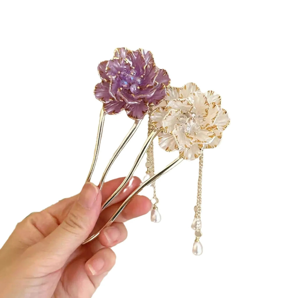 Purple and white peony flower tassel U-shaped hairpin with alloy construction
