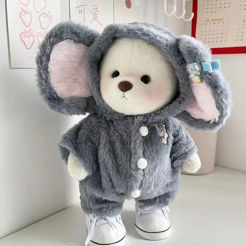 Grey elephant patterned plush jumpsuit for a 30cm teddy bear doll.