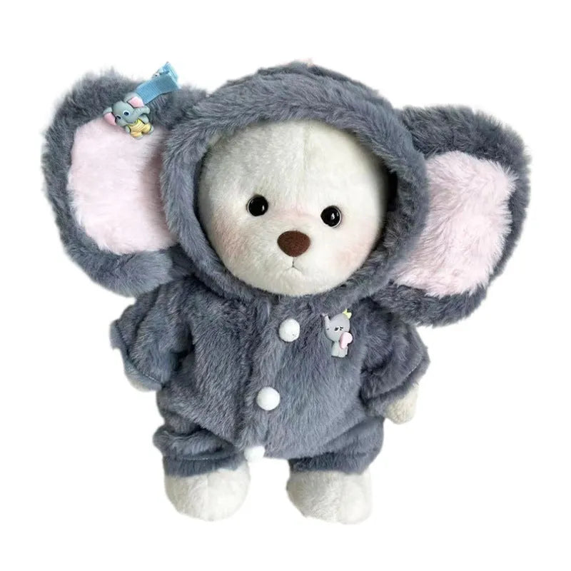 Grey elephant patterned plush jumpsuit for a 30cm teddy bear doll.