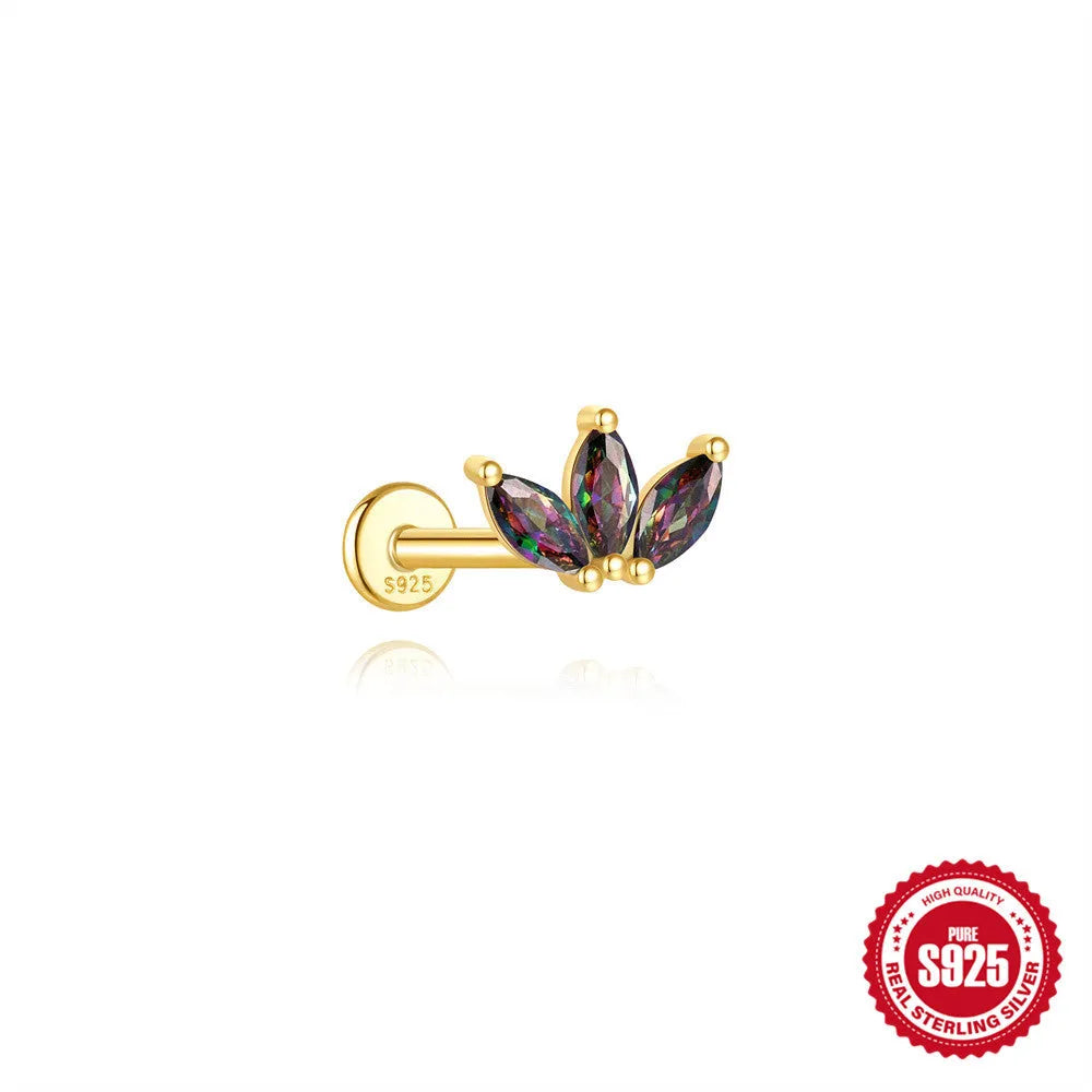 S925 sterling silver piercing earrings with rainbow stone flat head thread in gold colours