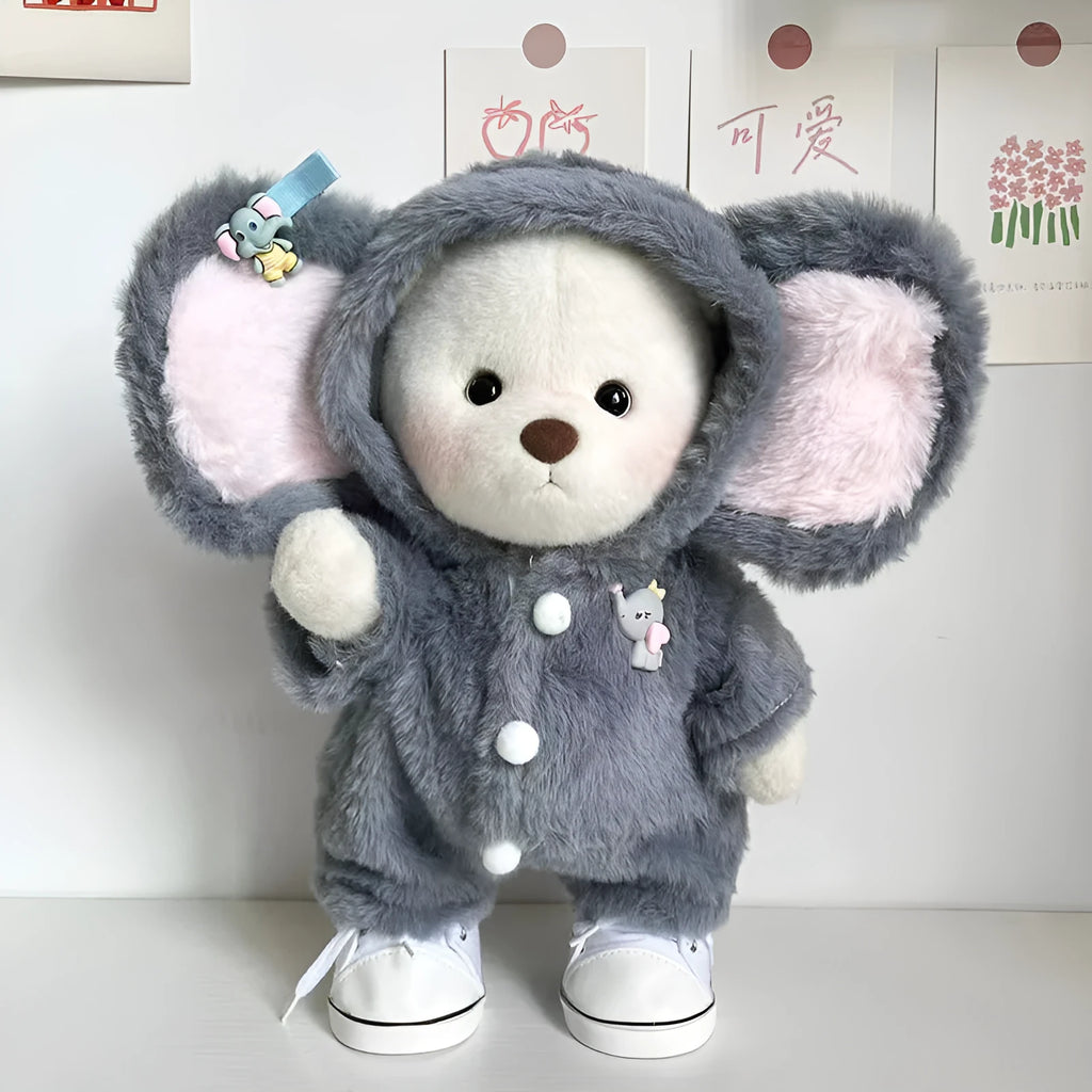 Grey elephant patterned plush jumpsuit for a 30cm teddy bear doll.