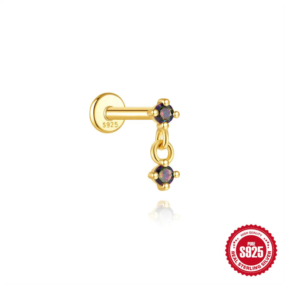 S925 sterling silver piercing earrings with rainbow stone flat head thread in gold colours
