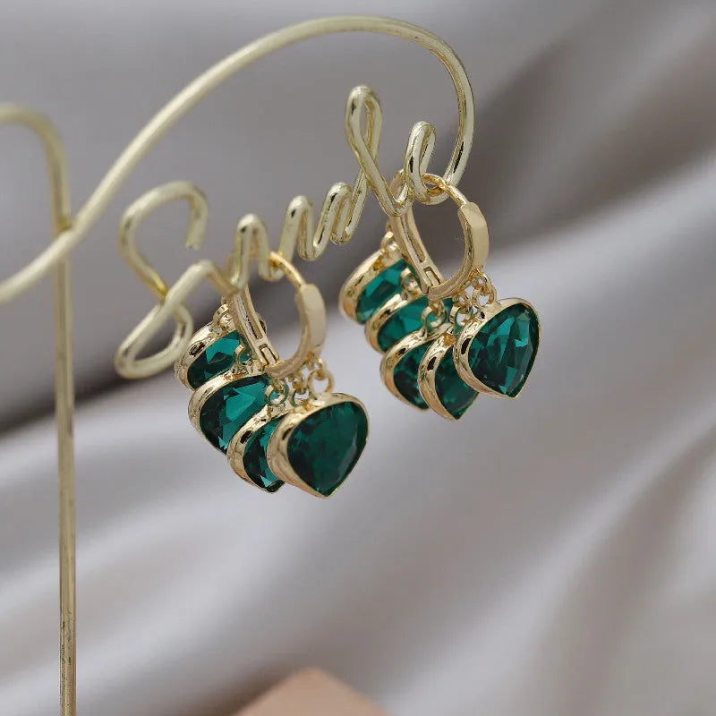 Green heart shape pendant clip-on earrings with glass decoration in Korean style