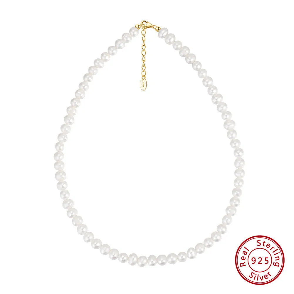 Women's adjustable necklace with 6-7mm natural freshwater pearls on a 925 sterling silver chain.