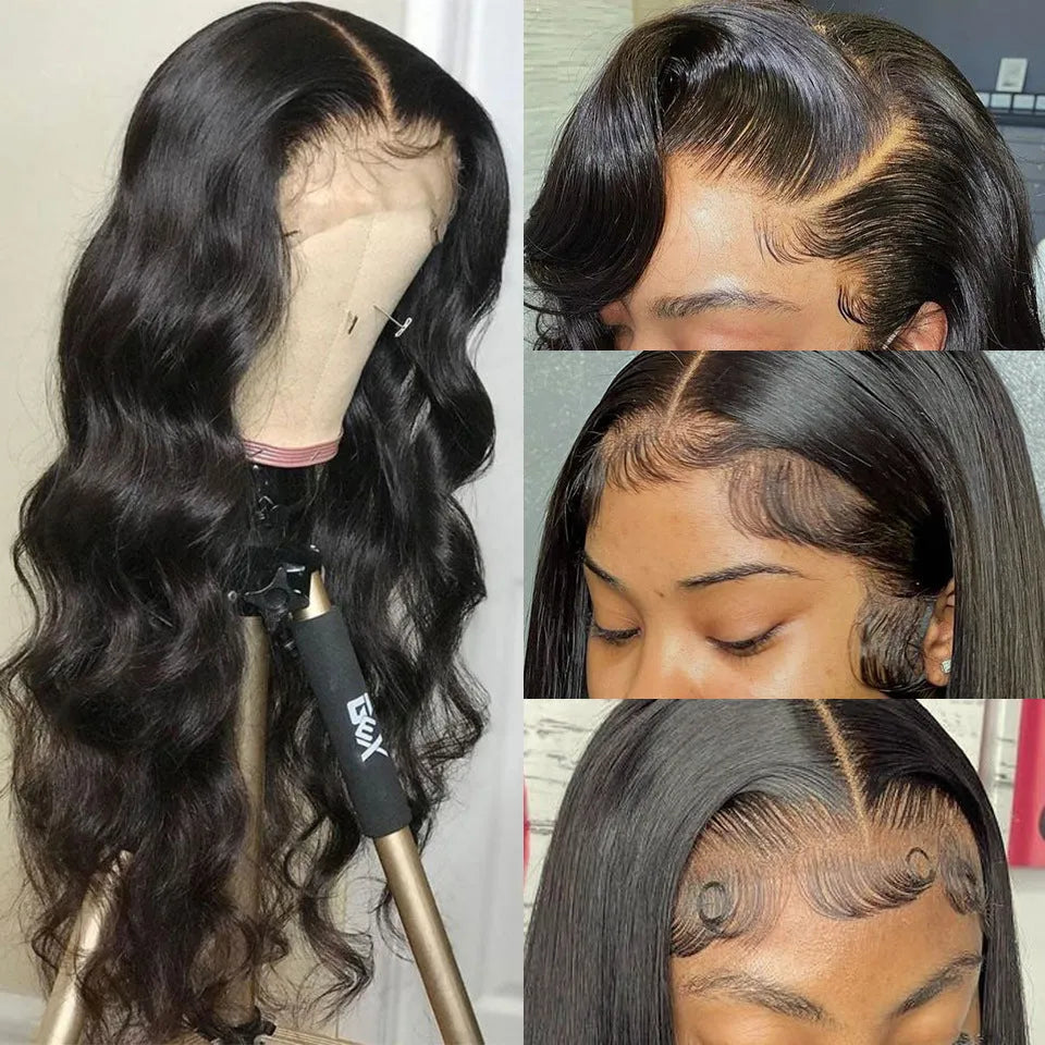 Black synthetic front lace wig with long curly hair and exotic side bangs in various length options