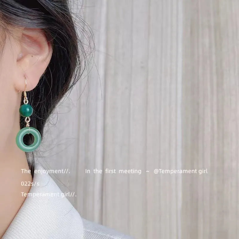 Green Chinese-style geometric peace buckle accessory set with zinc alloy earrings